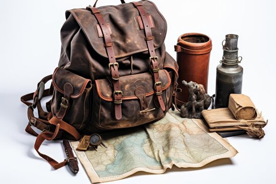 vintage leather backpack with a map, a compass, a flashlight, and a canteen.