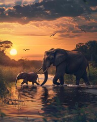 A mother elephant and her calf crossing a serene river at sunset