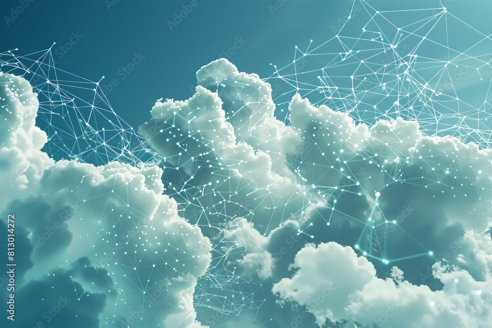 Poster abstract concept image of connectivity with clouds overlaid by digital network mesh