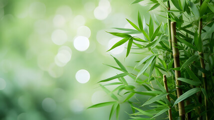 Calm bamboo foliage against a light green canvas, offering ample copy space