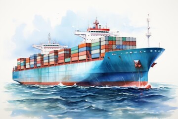 The watercolor painting shows a large container ship sailing on the ocean