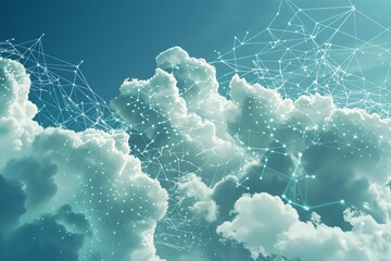 Abstract concept image of connectivity with clouds overlaid by digital network mesh