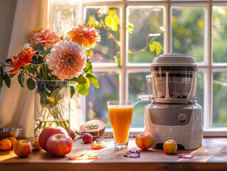Juicer, freshly squeezed juice, bouquet of flowers and fruit. Creative composition. The concept of a healthy lifestyle.
