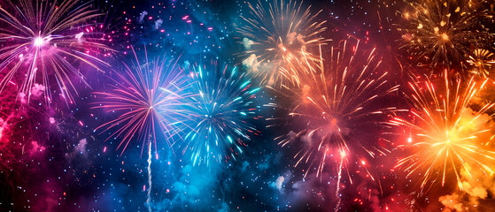 Fototapeta premium Colorful fireworks bursting in the night sky with pride flag hues, pride month celebration