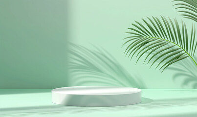 White round podium pedestal on a mint green background with a palm leaf shadow for a product display presentation mockup vector illustration in the style of product display