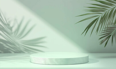 White round podium pedestal on a mint green background with a palm leaf shadow for a product display presentation mockup vector illustration in the style of product display