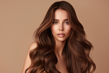 Naklejka premium A beautiful woman with long, wavy hair is posing for the camera in front of an isolated beige background. She has smooth skin and bright makeup that accentuates her features