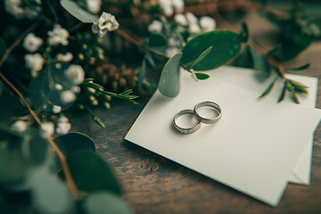 A close-up shot of two wedding rings placed on top of an invitation card, surrounded by greenery and floral arrangements, creates a romantic atmosphere