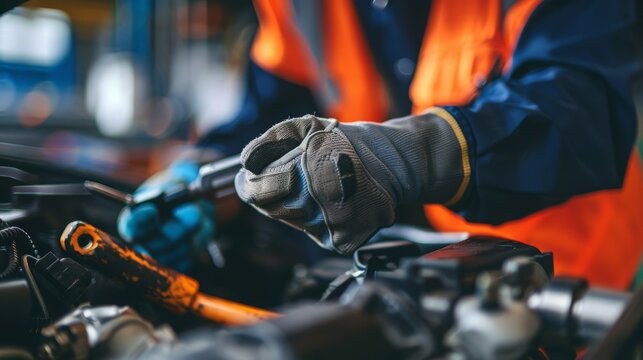 Auto mechanic working on car broken engine in mechanics service or garage. Transport maintenance wrench detial Wide banner or panorama photo.