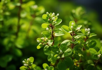 Obraz premium Forerunner of the Marjoram flower that will bloom at the end of a branch on a blurry flower garden background with copy space