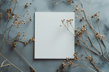 Top view of a blank white square postcard mockup on a grey background with dry flowers, providing copy space for text or a logo. A flat lay composition. A mock up template