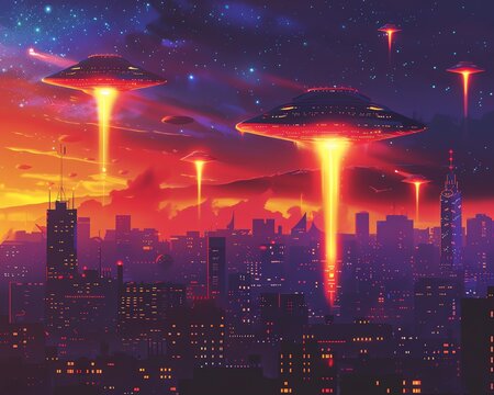 Alien invasion flat design side view, city defense theme, Tetradic color scheme