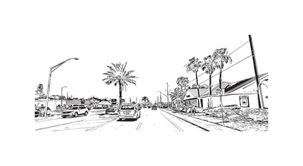 Print Building view with landmark of St. Pete Beach is a coastal city in Florida. Hand drawn sketch illustration in vector.