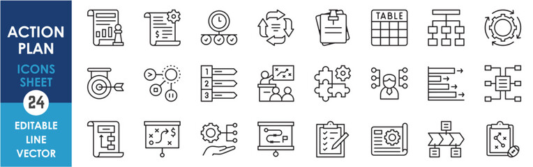 A set of outline icons related to action plans. Strategy, document, timing, planning, modification and so on. Linear icons set.