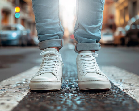 Detalle de zapatillas sobre el asfalto en la ciudad.