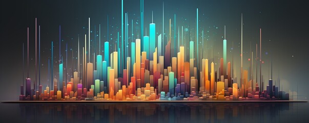 corporate skyline with dynamic graphs, vibrant colors