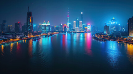 Fototapeta premium Nighttime cityscape with illuminated buildings mirrored in calm river water.