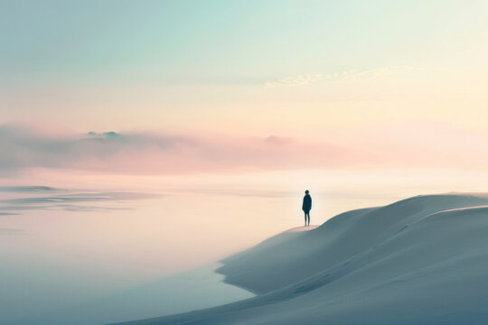 silhouette standing in serene, misty waterscape with ethereal light