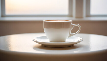A hot cup of coffee on a saucer, set against a white background, casting a subtle shadow.