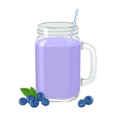Blueberry smoothie in mason jar glass with straw isolated on white background. Purple milkshake. Vector cartoon illustration.