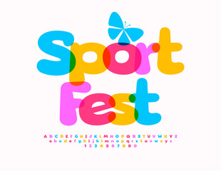 Vector event banner Sport Fest. Funny Colorful Font. Bright Creative Alphabet Letters and Numbers. 