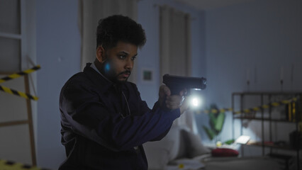 Naklejka premium African man acting as detective with gun in a dimly lit crime scene room, indicating drama and investigation.