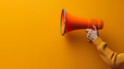 A hand is shown holding a megaphone against an orange background, symbolizing communication or announcement. The image is dynamic and attention-grabbing, with copy space