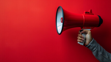 A hand is shown holding a megaphone against an red background, symbolizing communication or announcement. The image is dynamic and attention-grabbing, with copy space