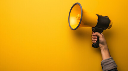A hand is shown holding a megaphone against an yellow background, symbolizing communication or announcement. The image is dynamic and attention-grabbing, with copy space