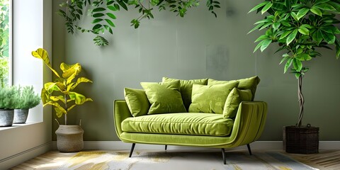 Green armchair and sofa in a living room with a white wall. Concept Home Decor, Green Furniture, Living Room Design, Interior Inspiration