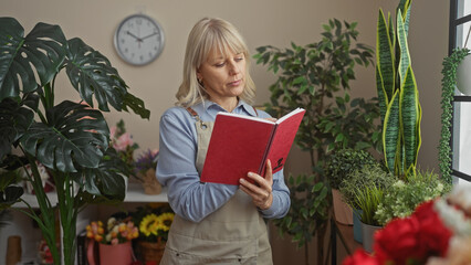 Blonde woman reading red book in lush flower shop interior with plants and clock.