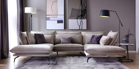 Elegant Beige Velvet Sofa and Floor Lamp in Modern Living Room. Concept Luxury Decor, Home Interior, Elegant Furniture, Beige Color Palette, Modern Design