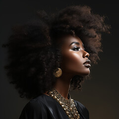 Side view of a strong black woman female leader with afro in a black top and ear rings all smiles,...