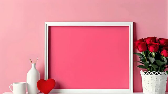 a mockup frame in a Valentine's Day theme, complemented by a white shelf against a pink-colored wall. close up animation
