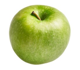 Close-up of a fresh, green apple isolated on a white background, suggesting healthy eating and organic produce.
