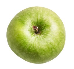 Close-up of a fresh green apple isolated on a white background, illustrating healthy eating.