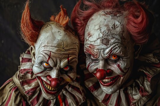 Two scary clowns with sinister smiles in dark vintage horror style