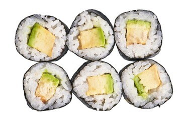 Close-up of fresh cucumber and omelette sushi rolls isolated on white background.