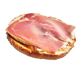 A sliced bagel topped with cream cheese and delicate prosciutto against a white background.