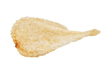 A single golden potato chip isolated on a white background, indicative of snack, crisp, food, salty, crunchy, potato, fried, junkfood, snacktime, and unhealthy.