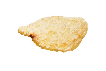 Single crispy potato chip isolated on a white background, perfect for snack-related advertising.