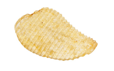 Close-up of a single salty potato chip isolated on a white background.