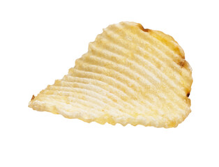 A single rippled potato chip isolated on a white background, suggesting snack, food, and simplicity.
