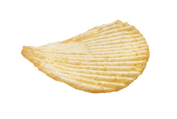Close-up of a single potato chip isolated on white background, showcasing its texture and golden...