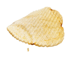 Close-up of a single salted potato chip isolated on a white background, suggestive of snacks and...