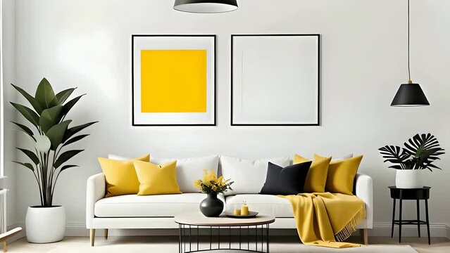 frame mockup set in a living room interior, white against an empty white wall. 