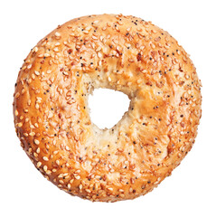 Close-up of a freshly baked sesame bagel isolated on a white background.