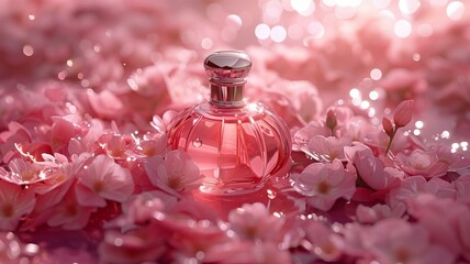 Visualize a captivating tableau where a bottle of perfume is showcased amidst a sea of pink flowers, its presence commanding attention and admiration.

