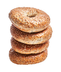 A stack of three sesame-seeded bagels isolated on a white background displays a tempting bakery...