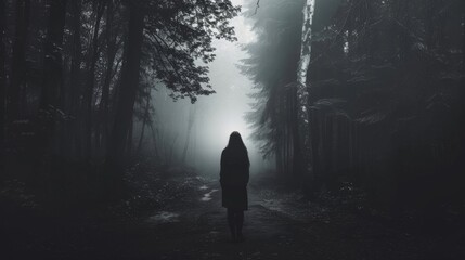 Fototapeta premium A woman walks through a dark forest